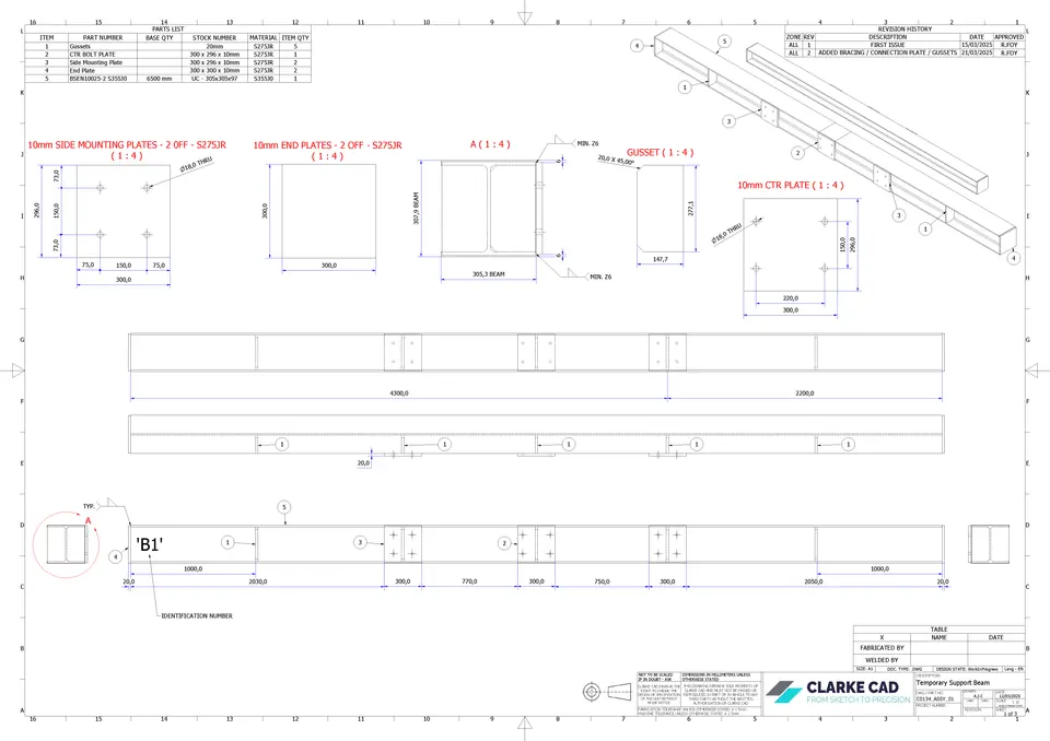 Parts and plate drawing sheet for the beam support assembly.